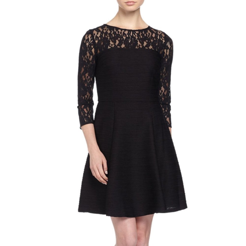 Taylor 3/4 Sleeve Lace-Bodice Textured Knit Black Dress - Size 8